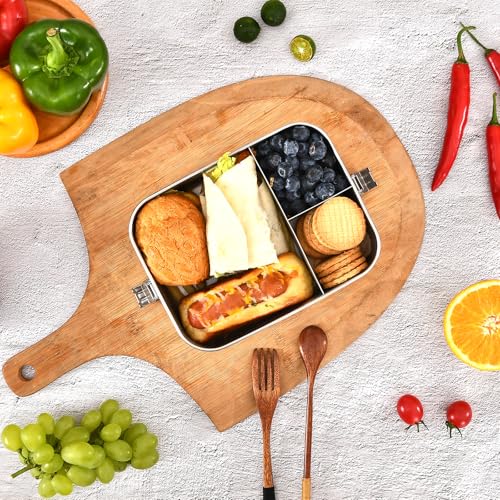 UPTRUST Stainless Steel Bento Lunch Box, 3-Compartment Large 1400ML Metal Bento Box for Kids or Adults, Container with Lockable Clips to Leak Proof 47oz 3-Compartment