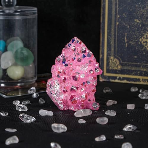 SUNYIK 2.1-4.1" Pink AB Titanium Coated Rock Quartz Cluster Druzy Geode