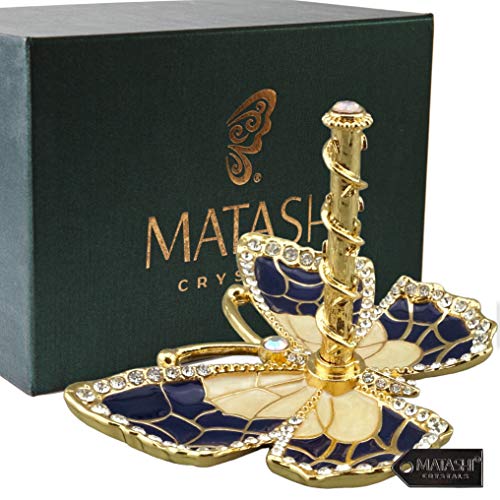 Matashi gold plated butterfly jewelry organizer with blue enamel and crystal accents, featuring multiple tiers for necklaces and rings.