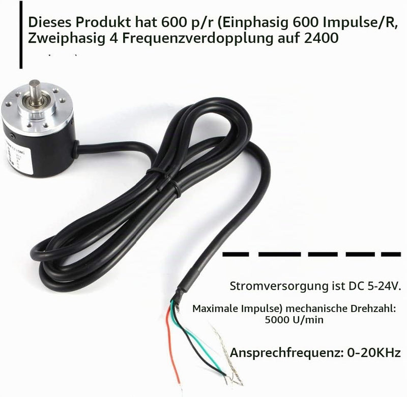 Incremental Rotary Encoder, 600 PPR, Rotary Encoder 5V-24V, AB 2-Phase Incremental Encoder with 6 mm Shaft, NPN Open Collector for CNC, Arduino and PLC Controls