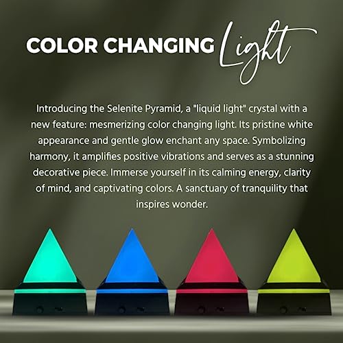 2-Inch Selenite Pyramid w/Mirror Top Lighted Base - Positive Energy Pyramid with LED Light Base - Healing Pyramid Crystal for Meditation and Reiki - Stone Pyramid w/Glass Lighted Platform