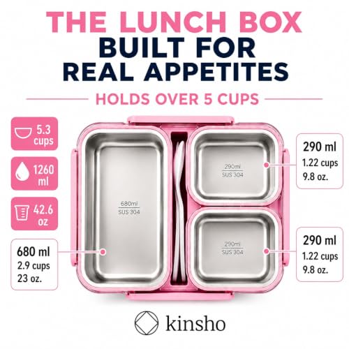 kinsho BIG Bento Lunch Box & Bag, Stainless Steel - Adults Teens Kids Pink