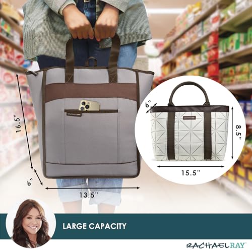 Rachael Ray Chillout Soft Cooler Bag, Large Reusable Insulated Grocery Bag with Zippered Top, Travel Tote for Hot or Cold Food, Grocery Tote Bag Grey & Ivory Print