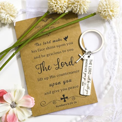 Christian Keychain, Bible Verses Keychain with Cross Pendant, Organza Gift Bag and Card, Religious Faith Gifts for Birthday Graduation Communion Christmas Thanksgiving