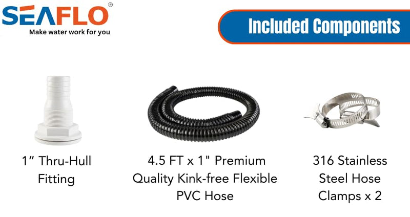 SEAFLO Bilge Pump Installation Kit with Hose, Clamps, and Thru Hull Fitting 1"
