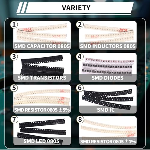 6390pcs SMD 0805 Resistor Capacitor LED Diode IC Transistor Inductor Diodes SMT Resistors Assortment Electronic Component Kit