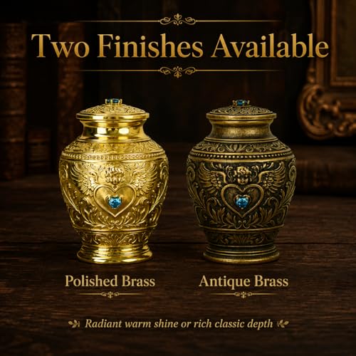 Premium Solid Brass Memorial Urn – Angel & Baroque Relief Design with Sapphire Inlay, Luxury Keepsake for Ashes of Pets or Loved Ones (Aging) Aging