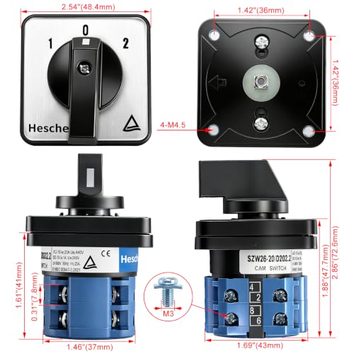 Heschen Universal Rotary Cam Switch SZW26-20/D202.2 660V 20A ON-OFF-ON 3 Position 2 Phase 8 Terminals CE (1-0-2), 8 terminals standard design