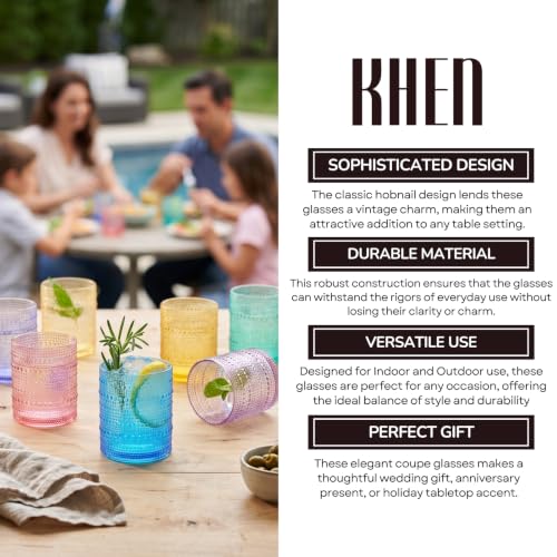 Khen Plastic Hobnail Drinking Glasses Set of 6 Bright Tones Cups 14oz, Shatterproof & Unbreakable Acrylic Beaded Design, BPA-Free, Dishwasher Safe Indoor/Outdoor Drinkware for Water, Juice, Cocktails Set of 6 - Pastel