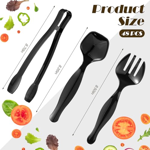 48 Pcs Black Plastic Serving Utensils Set 9'' Disposable Serving Utensils Spoons Forks Tongs for Serving Food Party Utensils Supplies for Buffet Banquets Weddings Restaurant Dinner Salad