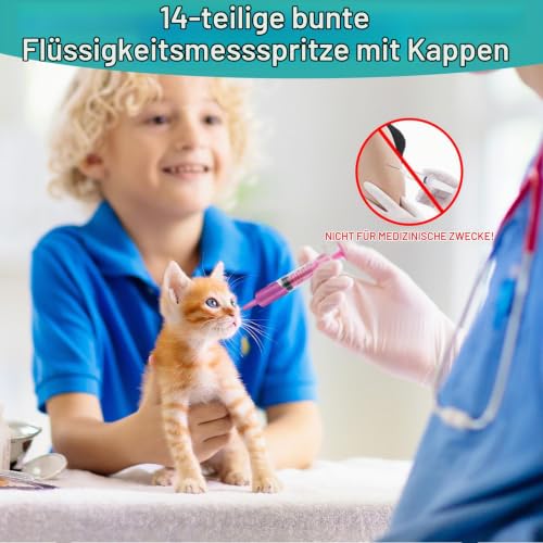 10 ml Reusable Plastic Syringes, Pack of 14 with Cap, 7 Colours | Individually packed and without needle, suitable for colostrum, liquids, clean dosage, crafts and animal feeding