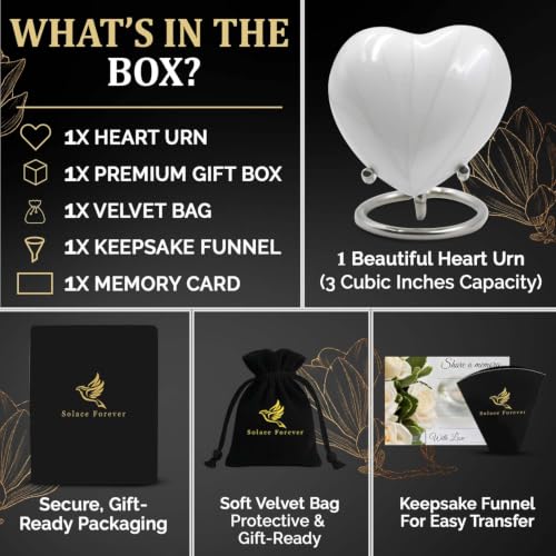 Small Urns for Human Ashes Keepsake – Heart Urn for Men & Women – Mini Urns with Stand – A Loving Heart Shaped Cremation Urn to Honor Their Memory Forever (White, Small) White