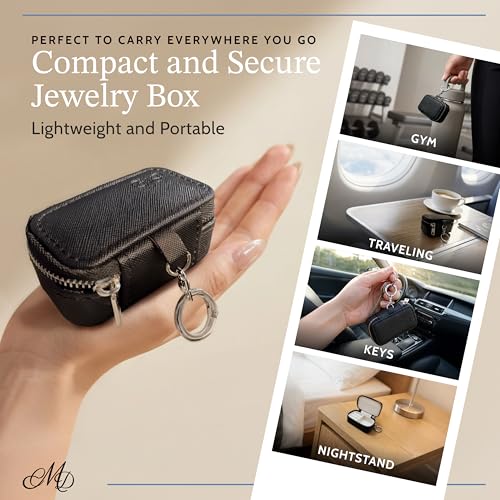 CMD Travel Jewelry Box Case Holder with Secure Keychain – Portable Ring Holder, Jewelry Organizer for Rings, Earrings, Necklaces, and Bracelets – Black Leather & Velvet, 2"D x 3.4"W x 1.75"H