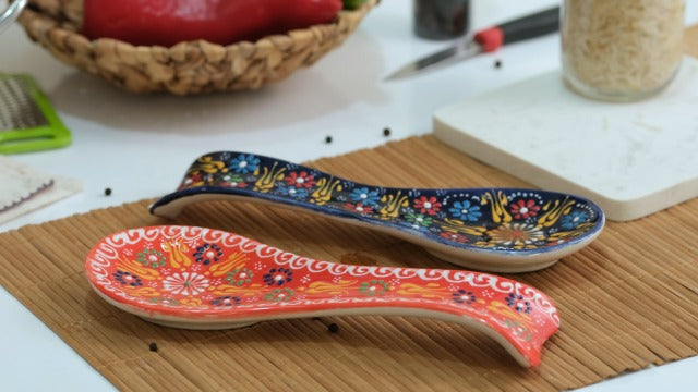2 pcs Handmade Ceramic Spoon Rest for Kitchen Counter and Stove Top – Large Cooking Utensil Rest, Decorative Spoon Holder for Countertop (Orange-NavyBlue) Orange-NavyBlue