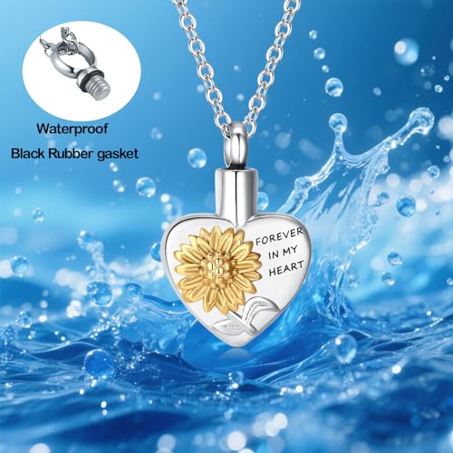 Heart Urn Necklaces for Ashes for Women Stainless Steel Cremation Jewelry for Ashes Sunflower-Forever in My Heart