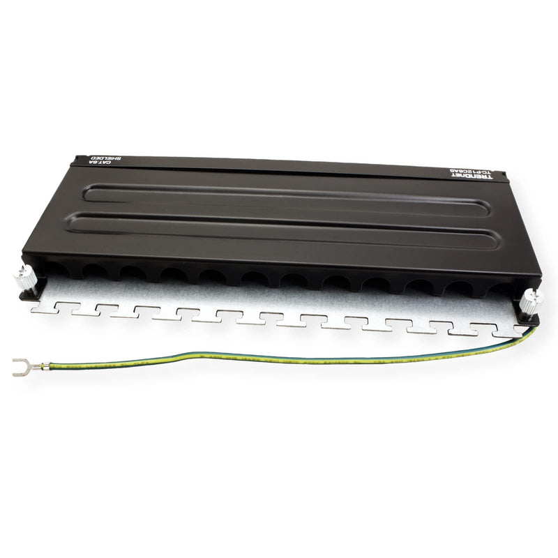 TRENDnet 12-Port Cat6A Shielded Patch Panel, 10G Ready, Cat5e,Cat6,Cat6A Compatible, Metal Housing, Color-Coded Labeling for T568A and T568B Wiring,Cable Management,Wall Mountable, Black,TC-P12C6AS 12 port