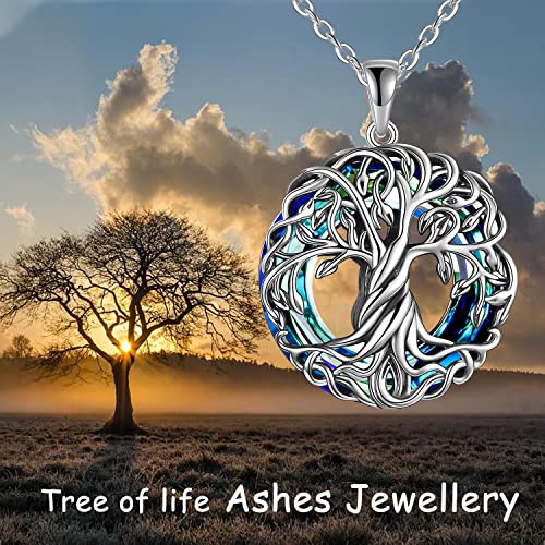 TOUPOP Ashes Jewellery Urn Necklace for Ashes s925 Sterling Silver Tree of Life Urn Necklace Keepsake Ashes Memorial Locket with Circle Crystal Cremation Jewellery with Funnel Filler A-blue crystal