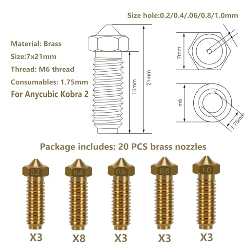 KOYOFEI 20PCS Brass Nozzle Kit for Kobra 2, 3D Printer Accessories 8PCS 0.4mm, 3PCS 0.2mm, 0.6mm, 0.8mm, 1.0mm Brass Nozzles Kit for Kobra 2 Neo, Kobra 2 Pro/Plus/Max Kobra 2 Brass