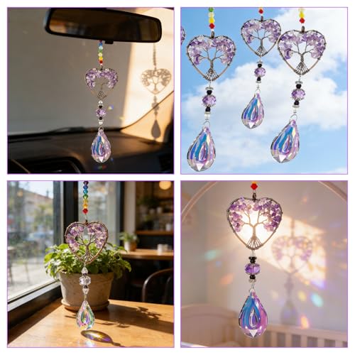 Tree of Life Natural Chakra Healing Crystal Window Decor, Amethyst Sun Catchers for Windows, Gemstone Pendant Rainbow Maker Hanging Crystal Spiritual Gifts for Women, Window Decor