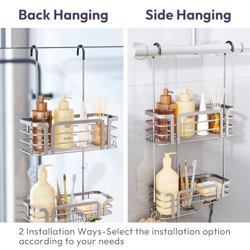 SWTYMIKI Shower Caddy Hanging Organizer - Over the Door Shower Caddy with Soap Holder, 11 Hooks, 2 Installation Ways, Stainless Steel Rustproof Bathroom Organizer, Sand Nickel
