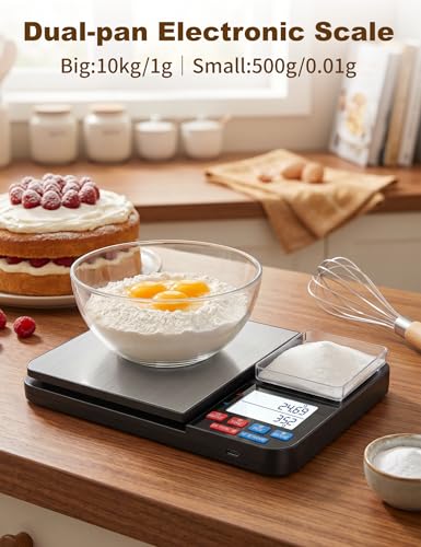Dual Platform Digital Kitchen Scales, 10kg/1g & 500g/0.01g High Precision Food Scales for Baking, Cooking & Coffee, Stainless Steel Weighing Scales with Backlit LCD, Tare & PCS