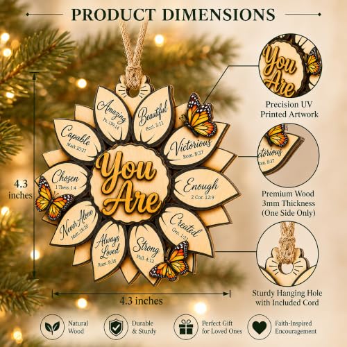 Religious Sunflower Christmas Ornament 2026, Christian Bible Verse Gift for Women, God Says You are, Faith Gifts,Sunflower Gifts for Women.Bible Verse Jesus Inspirational Faith Ornament Youare1