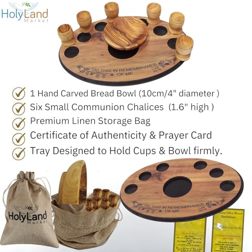 Holy Land Market Olive Wood Communion Set, Round Bowl + 6 Goblets + Tray Round Bowl + 6 Small Goblets + Tray