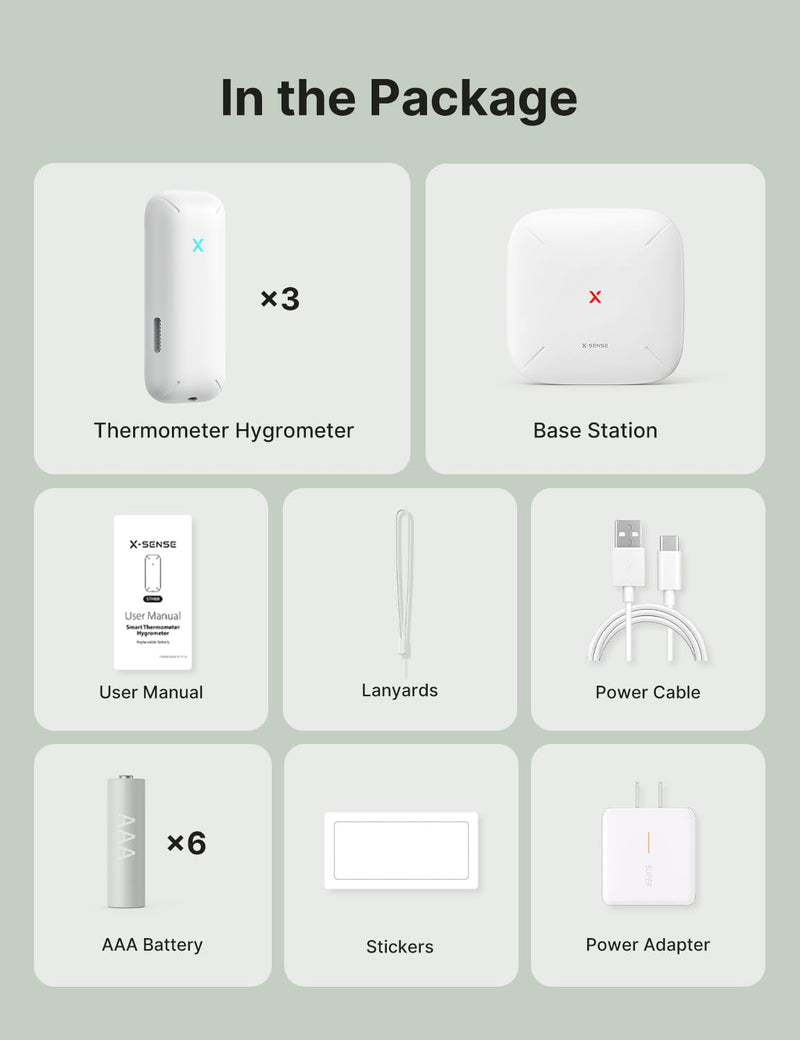 X-Sense Wi-Fi Temperature and Humidity Monitor, Indoor Humidity Meter with App Control, Hygrometer for House, Gardening, Free Data Storage Export, 3 Sensors & 1 Base Station 3-Pack with 1 Base Station