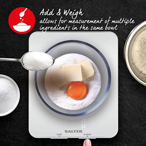 Salter 1180 WHDR Ghost Electronic Kitchen Scale- 5 KG Capacity Food Weighing Baking Scales, Hidden Until Lit Easy Read Digital Display, Large Slim Glass Platform, Add & Weigh, Measures Liquids, White Ghost White