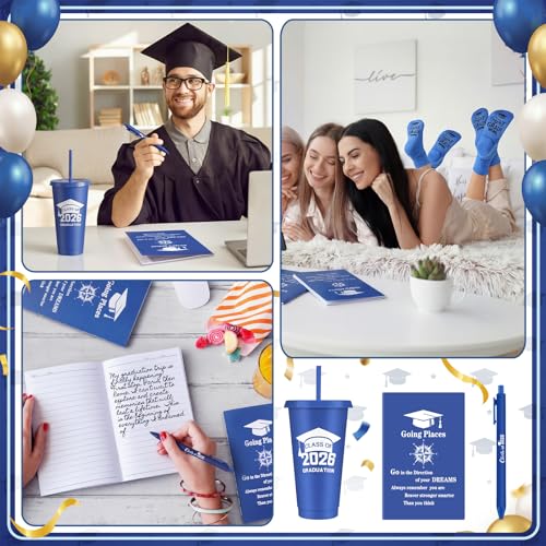 LemonRoad 30 Pcs Class of 2026 Blue Graduation Gift Bulk Congrats Grad PVC Gift Bag and Socks Plastic Tumblers with Lid and Straw Ballpoint Pens Inspirational Notepads Graduation Party Favors
