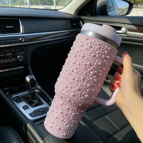 Pearls Bling 40 oz Tumbler with Handle and Straw | Rhinestones 100% Leakproof Stainless Steel Insulated Tumbler with Lid and Straw | Cup Holder Friendly Base -Purple Purple