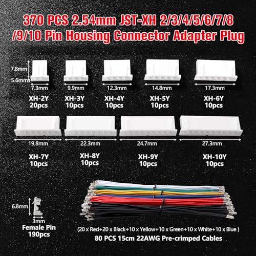 YIXISI 370 Pieces 2/3/4/5/6/7/8/9/10 Pin 2.54 mm JST-XH Connector Kit, JST Adapter Cable Plug, XH Female Plug, with 22 AWG Double Head Pre-Crimped Cable Wire blue/purple