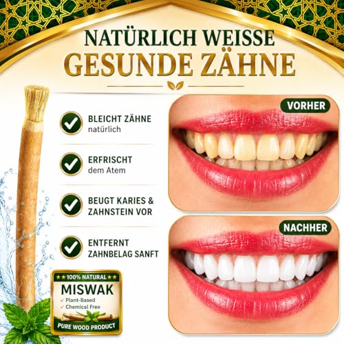 100% Miswak Toothbrush (Pack of 5) - Natural Miswaks without Fluoride - Miswakstick Siwak for White Teeth & Oral Care Includes Bag