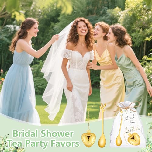 30 Sets Bridal Shower Tea Party Favor for Guests Leaf Tea Spoon Heart Tea Infuser for Loose Leaf Tea Steeper with Thank You Card Organza Bags for Wedding Gift Souvenirs Decoration (30, Gold) 30