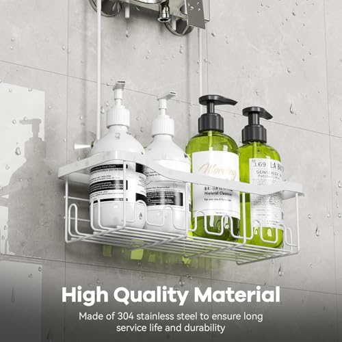 BYT Shower Caddy Hanging, Organizer Hanging for Bathroom, Shower Basket with Hooks, Shower Storage, Shelf, Rack No Drilling for Faucet or Cross Bar (White) White