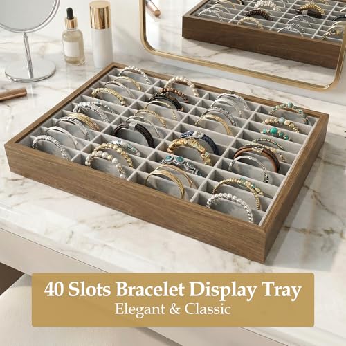 40‑Slot Bracelet Watch Necklace Jewelry Display Storage Box – Velvet Wood Tray Organizer for Bangles, Jade, Stackable for Retail Shows or Personal Use – Black