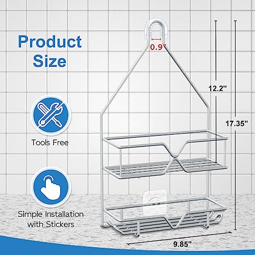 TreeLen rustproof stainless steel hanging shower caddy with two shelves, four hooks, and non-slip silver finish.