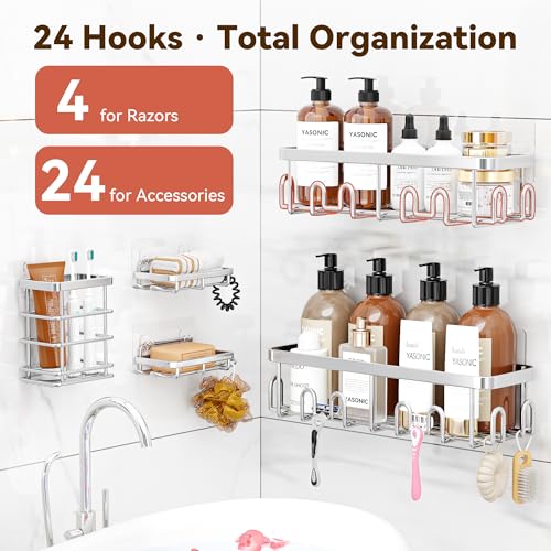 YASONIC Shower Caddy Adhesive, Rustproof Shower Organizer, Wall Shower Rack Silver 5-Piece Set (2 Caddies, 2 Soap Holders, 1 Toothbrush Holder)
