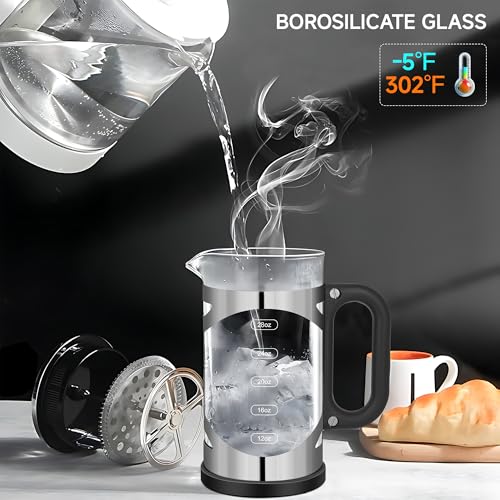 YMMIND 34 Ounce French Press Coffee Maker Chromium Stainless Steel Coffee Press, with 4-Level Filter System, Heat Resistant Thickness Borosilicate Glass, BPA-Free Brewed Coffee Pot for Camping Gifts Silvery-R 34 oz