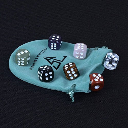 Dice 7 Chakras Colors Natural Gemstone Crystal 15mm Amethyst + Tiger Eye + Obsidian + Clear Quartz + Rose Quartz + Red Jasper + Aventurine (Pack of 7)