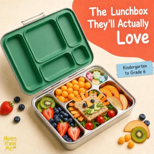 Stainless Steel Bento Lunch Box for Kids – 5 Leakproof Compartments, Food-Grade 304 Steel, Plastic-Free BPA-Free Kids Bento Box for School, Daycare & Travel - Green