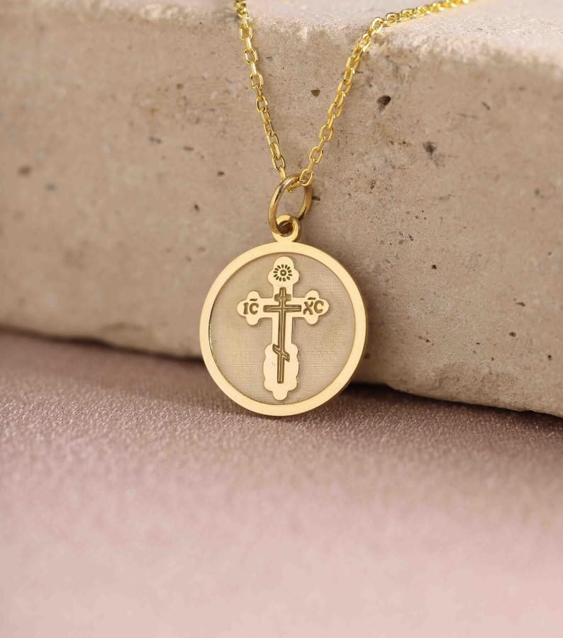 LKBEADS Saint Olga Cross Embossed Pendant Necklace Made in 925 Sterling Silver With Gold Plating 18" Cable Chain Round Shape Charm For Unisex Jewelry |LK_EMBO_00680