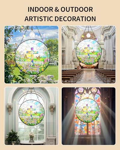 7.8" Christian Bible Verse Stained Glass Window Hanging Cross&garden 7.8 inch