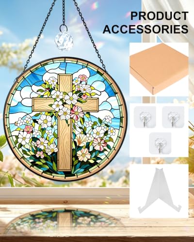 Stained Glass Cross Sun Catcher,Christian Gift(Cross Blue,7.8in) Cross Blue 7.8x7.8 IN