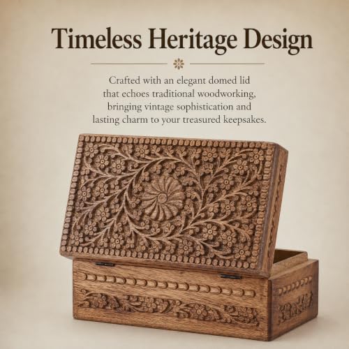 Ajuny Wooden Jewelry Box Flower Carved Decorative Chest Storage 10 Inch