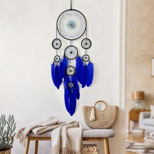 Blue Evil Eye Dream Catcher Wall Decor, Jiyamony Dreamcatcher Hanging Pendant for Home Protection and Blessing Decor with a Car Accessories Evil Eye Charm Gift Blue