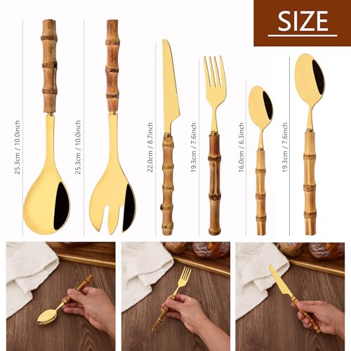 Stainless Steel Flatware Set, Bamboo Handle Silverware Set, Reusable Eating Utensils for Home Kitchen and Restaurant, Modern Gold Cutlery Set, 24 Pieces Service for 6 24-Piece Service for 6