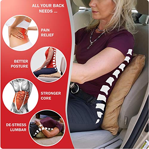 QiPillow - Pain Relieving Ergonomic & Orthopedic Back Lumbar & Posture Support Seat Throw Pillow for Chair, Couch, Bed (Camel)