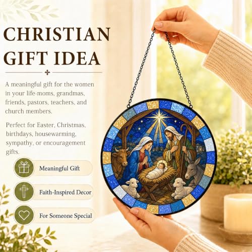 Nativity Set Suncatcher Stained Glass Window Hanging Christmas Nativity Ornament Gifts Christian Religious Gifts for Women Nativity Decor Jesus Sun Catcher Home 6.3 in 6.3 x 6.3 IN