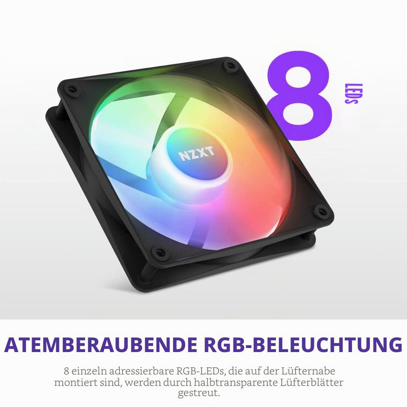 NZXT F120 RGB Core - 120mm Hub Mounted RGB PC Fan - Black | 120mm RGB fan with 8 addressable LEDs and semi-transparent blades. Quiet cooling with CAM-synchronous lighting. 120mm RGB Core